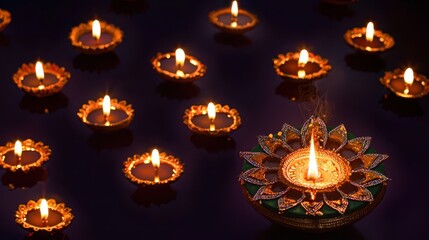 Wall Mural - Traditional clay oil lamps lit for Diwali celebration on a dark background