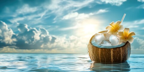 A coconut cocktail with ice cubes and flowers inside, sitting on the sea surface