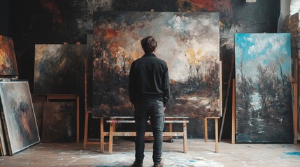 Artist standing in gallery composition background