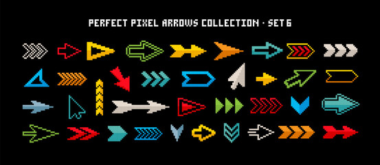 colorful pixel arrow icons and pointer signs in 8-bit retro game style. editable 8-bit pixel cursors