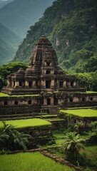 An ancient stone temple complex nestled in a lush green valley, combining natural and historical elements.