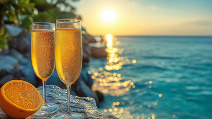 enjoy paradise overlooking the sea. celebration with two glasses of champagne