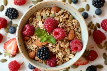 Wall Mural - Healthy Breakfast Bowl with Muesli, Fresh Berries, Almonds, and Pumpkin Seeds - Perfect for Nutrition and Wellness Themed Designs