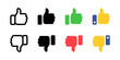 © Chelpanoff - Thumbs up icon. Thumb down symbol. Like button finger up vector illustration. Dislike sign. Approve pictogram. Hand finger emoji. Positive and negative vote concept.