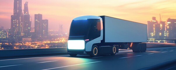 Modern white semi-truck driving on highway at sunset.