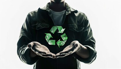 A man is holding a green recycling symbol in his hands. The image conveys the importance of recycling and taking care of the environment