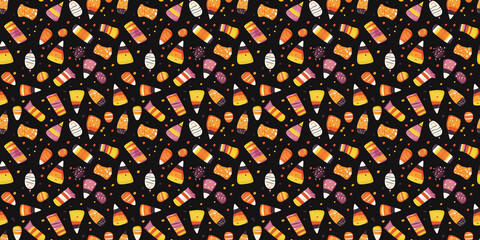 Halloween candy pattern with festive, spooky-themed sweets. Background seamless pattern.