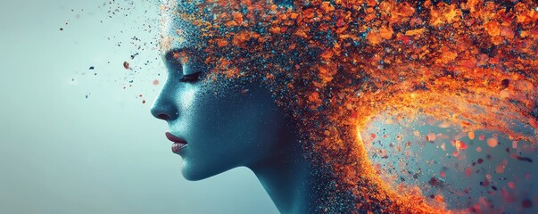 Abstract portrait of a woman with colorful particles swirling around her head.