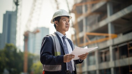 A construction engineer in a hard hat works hard at a busy construction site.