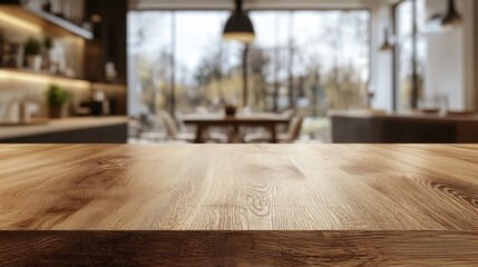 A modern dining area with a wooden table in the foreground, illuminated by sunlight, perfect for interior design or lifestyle themes.