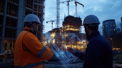 Blended image of a construction site at dusk with digital blueprints overlaying the scene