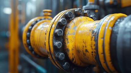 Yellow industrial pipeline with rust in a factory setting