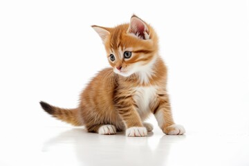 there is a small orange kitten sitting on a white surface                          