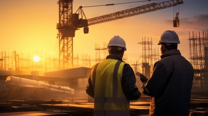 Asian Confident builder engineer posing at sunset on construction site