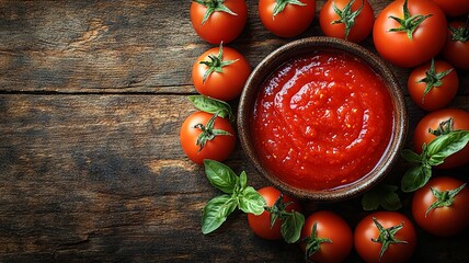 Fresh tomatoes and basil with bowl of tomato sauce on wooden surface