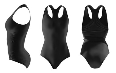 Sticker - Set of black front back side view, one piece racerback round neck classic silhouette swimsuit swimwear bodysuit leotard on transparent cutout, PNG file. Mockup template for artwork graphic design	