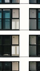 Wall Mural - Top view of windows and balconies of modern house. Stock footage. Beautiful exterior of residential building with modern windows. Modern residential building with new windows and stylish balconies