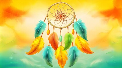 Colorful dreamcatcher with feathers on bright abstract background with copy space