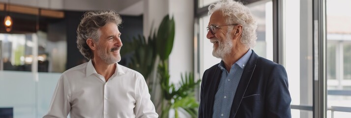 Sticker - Two men are smiling and talking in a room with a potted plant in the background. Scene is friendly and positive