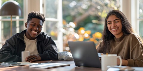 Two young people are sitting at a table with a laptop and a cup of coffee. They are smiling and seem to be enjoying each other's company