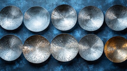 Silver and Gold Bowls on a Blue Background