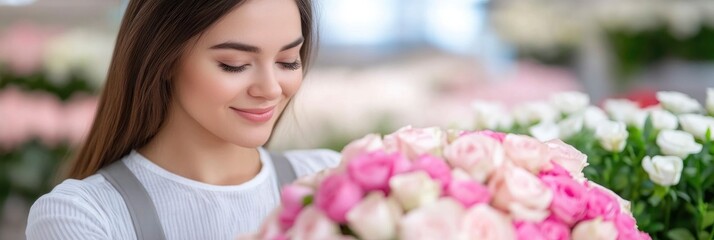 A cheerful, young brunette businesswoman florist creates a stunning bouquet of vibrant, varied flowers at a floral store with a modern interior.