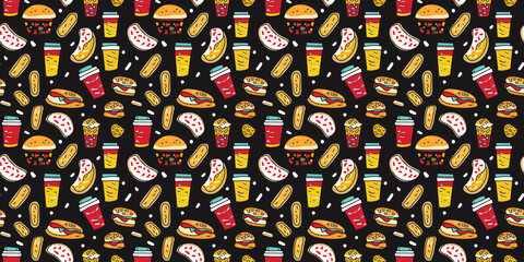 Snack pattern with fun, food-themed illustrations. Background seamless pattern.