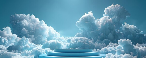 Wall Mural - 3D blue podium surrounded by fluffy clouds under a serene sky. Free copy space for text.