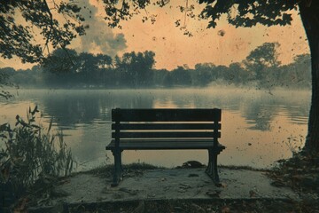 Sticker - A solitary bench overlooking a misty lake in a wooded area