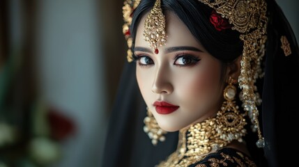 Beautiful female asian model with traditional bridal make up regional customs background wallpaper AI generated image