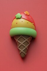 Poster - Colorful 3D Ice Cream Cone on Red Background