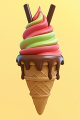 Wall Mural - 3D Render of a Chocolate Dipped Ice Cream Cone with Green and Pink Swirls and Two Chocolate Sticks