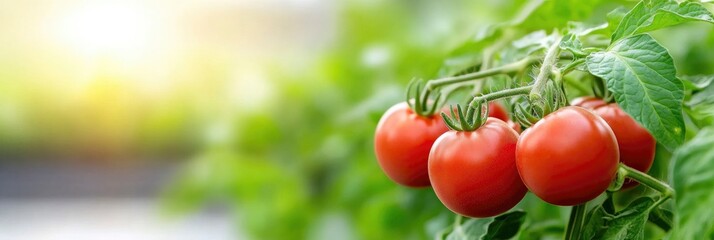 A close up of four ripe red tomatoes hanging from a plant