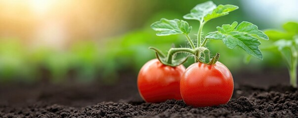 A close up of four ripe red tomatoes hanging from a plant