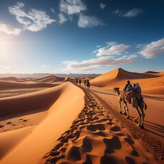 a group of people riding camels in the desert. 