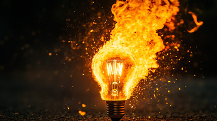 A light bulb with fire coming out of it on a dark background