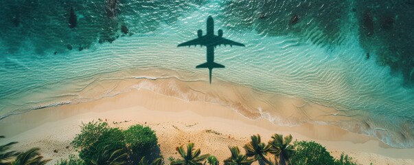 Wall Mural - Shadow of an aircraft flying over clear turquoise water, seen from above. Free copy space for text.