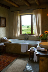 Canvas Print - A bathroom with a tub, sink and window in it