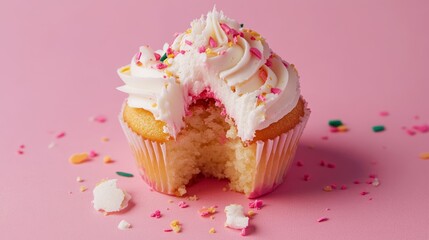 Deliciously bitten cupcake topped with cream and colorful sprinkles on a pink background