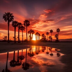 Canvas Print - a sunset over a beach with palm trees in red lights.