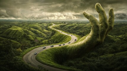 A hand extends over a winding road in a lush forest