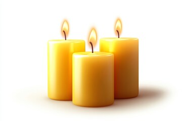 Three yellow candles with flames burning brightly, isolated on a white background. Symbolizing hope, peace, remembrance, and the celebration of life.