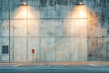 large concrete wall is illuminated by two warm streetlights at night in an empty urban environment creating a calm scene