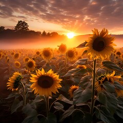 Poster - sunflowers in a field during sunset. 