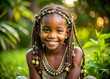 © Danicha - A smiling young girl with intricately woven braids adorned with tiny beads, sitting peacefully in a serene outdoor