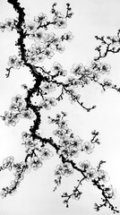 Canvas Print - Black and White Ink Illustration of a Cherry Blossom Branch