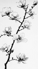 Canvas Print - Black and White Ink Drawing of Magnolia Flowers