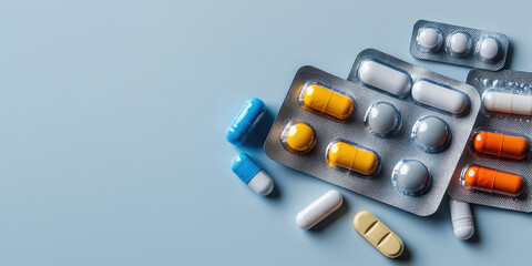 Wall Mural - Various colored medicine pills and capsules in blister packs, vitamins and pills in plastic package on a simple background