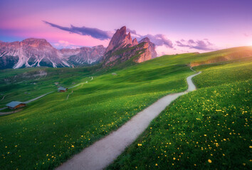 Wall Mural - Seceda mountain at beautiful sunset in summer in Dolomites, Italy. Colorful landscape with mountain peaks, rocks, alpine meadows, trail, green grass, purple sky at dusk. Hiking in Alps. Landscape