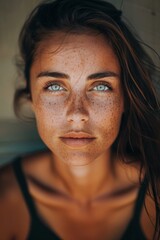 Canvas Print - The young woman gazes intently at the viewer, her striking blue eyes and freckles illuminated by soft, warm light, embodying natural beauty and serenity in the moment